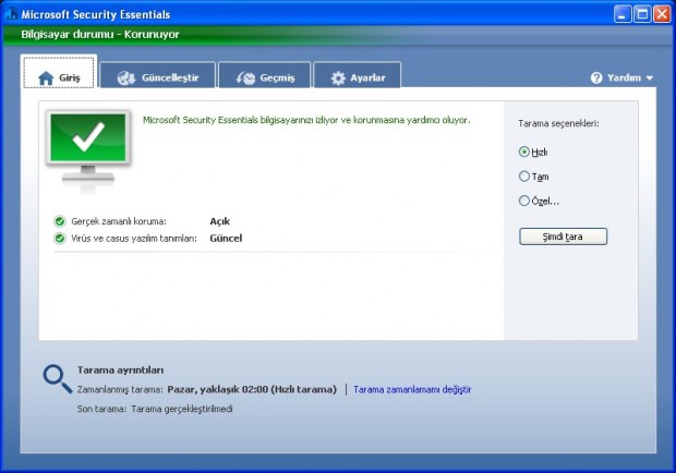 Microsoft Security Essentials Ekran Görüntüsü