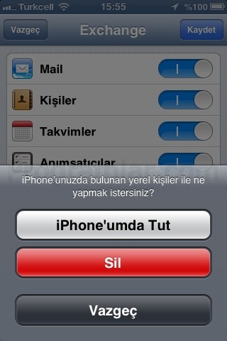 iPhone ve iPad Mail Ayarları - Exchange server silme uyarisi