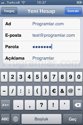 iPhone ve iPad için POP3 ve IMAP Mail Ayarlari -Yeni Hesap Ekrani