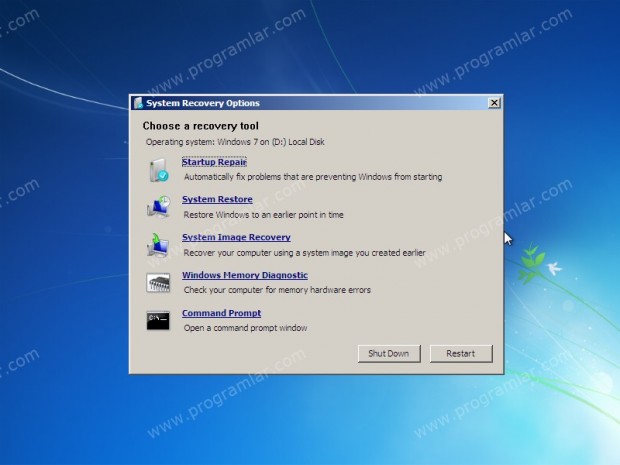 windows 7 gelismis sistem kurtarma menüsü