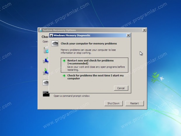 windows 7 sistem kurtarma seçenekleri - memory diagnostic