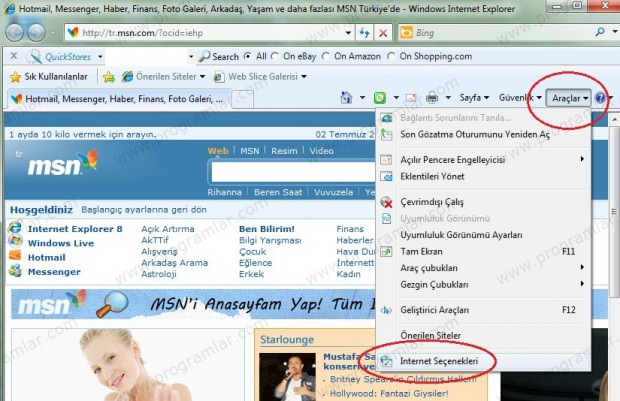 Internet  Explorer 8 Açılış Sayfası Değiştirme