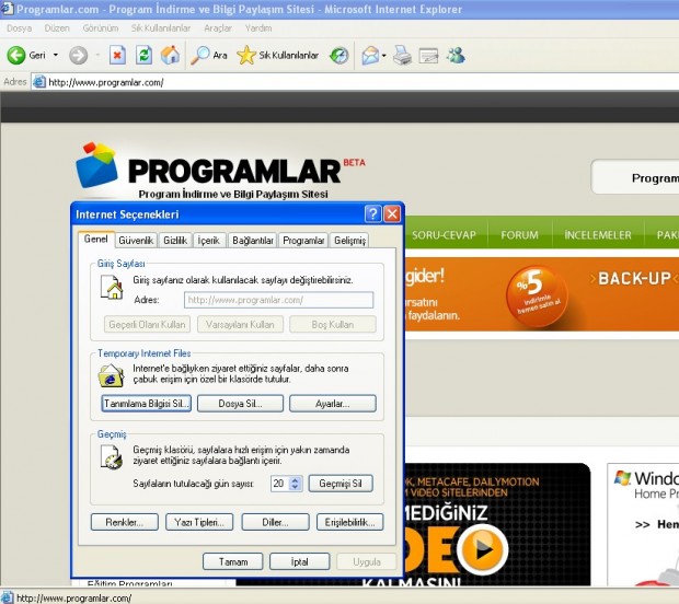 Internet Explorer da kilitli başlangıç sayfasını değiştirme