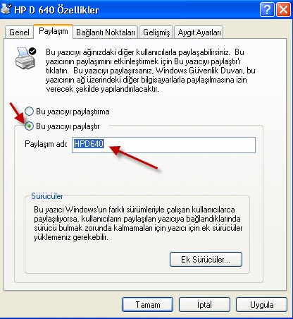 Windows XP de  yazıcı paylaşımı