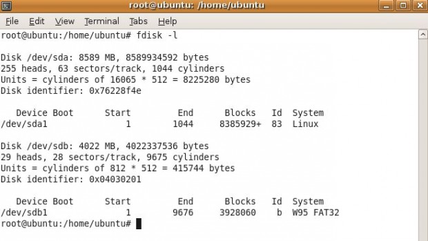 Ubuntu 8.10 fdisk listesi