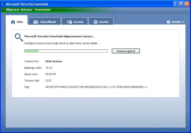 Microsoft Security Essentials Ekran Görüntüsü