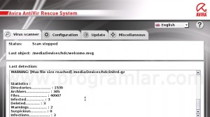 Avira AntiVir Rescue System Tarama Sonuc Ekrani