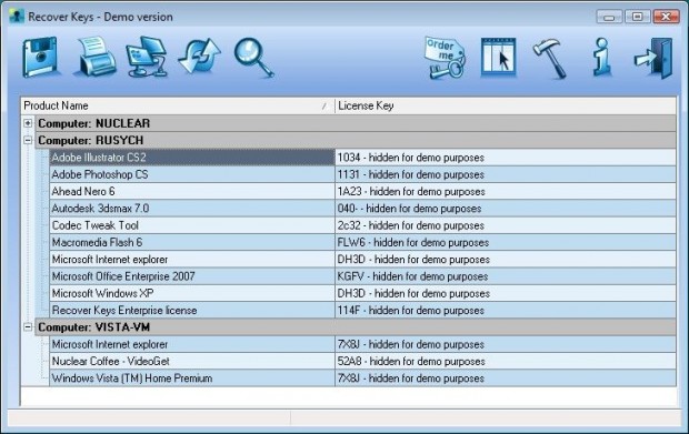 Recover Keys Ekran Goruntusu - Key Goruntuleme