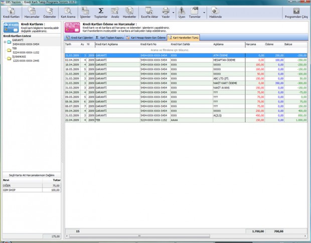 EBS Kredi Karti Takip - Kart Hareketleri Ekrani