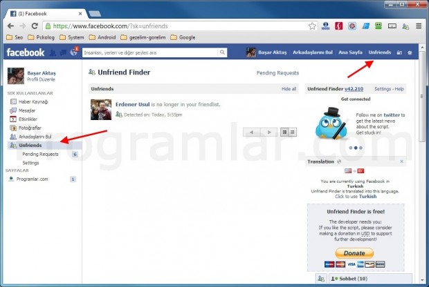 Facebook - Unfriend Finder Menusu