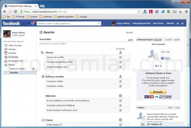Facebook - Unfriend Finder - Ayarlar