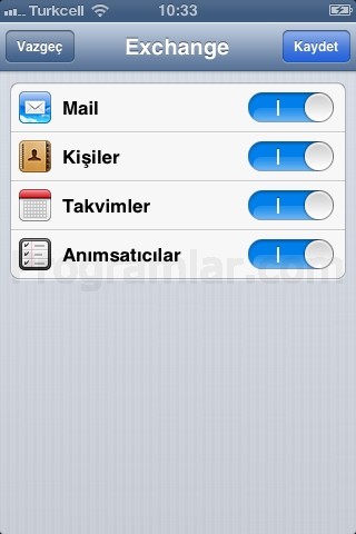 iPhone ve iPad Mail Ayarları - Exchange kullanilacak bölümlerin secimi