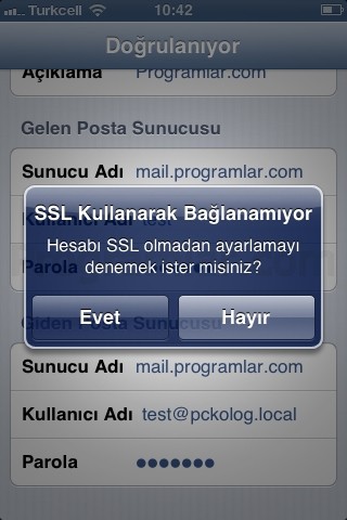 iPhone ve iPad için POP3 ve IMAP Mail Ayarlari -SSL Uyarisi