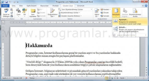 Word Belgelerini Karşılaştırma