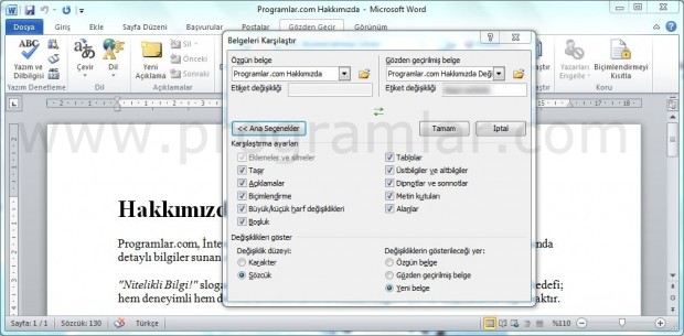 Word Belgelerini Karşılaştırma