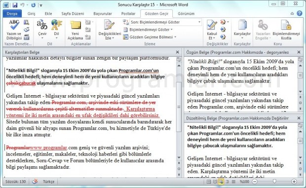 Word Belgelerini Karşılaştırma