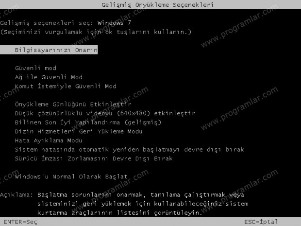 Windows 7 sistem kurtarma menusu - F8 menusu