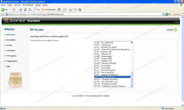 Joomla 1.5.21 (Türkçe) Kurulumu 