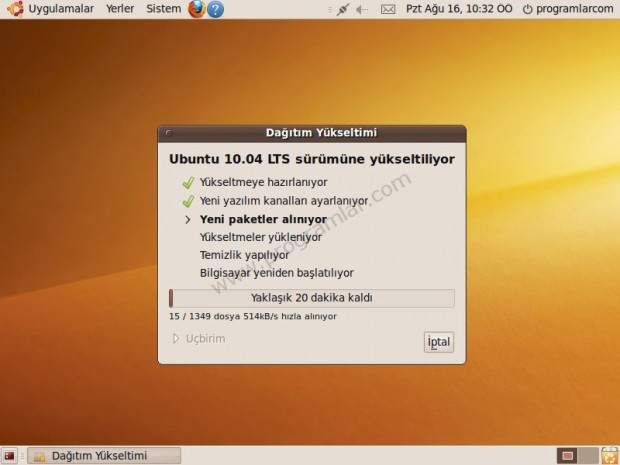 Ubuntu 9.04  den 10.04  e yükseltme (Upgrade)