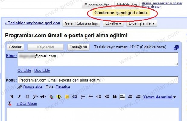 Gmail  de gönderilen e-postayı geri almak