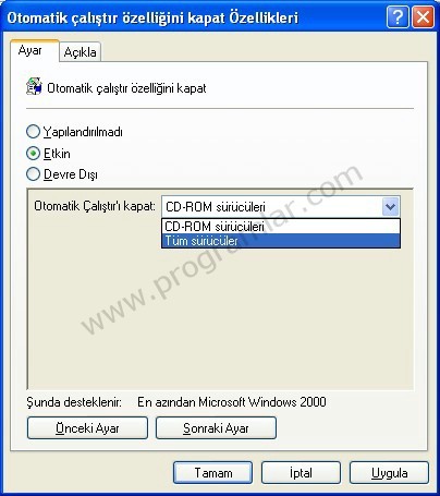 Windows XP  de Autorun Özelliğini Kapatmak