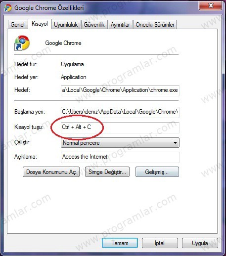 Windows\\\ da programlara kısayol tuşu atama