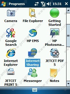 Windows Mobile internet sharing ekranı