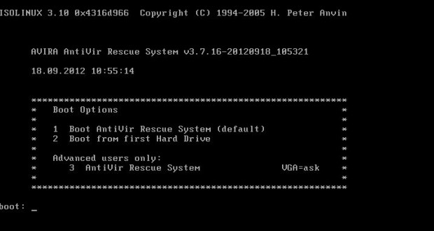 Avira Rescue CD Boot Menu