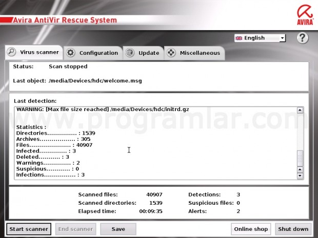 Avira Rescue CD Virus Tarama Sonuc Ekrani