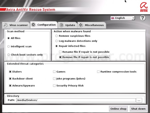 Avira Rescue CD Configuration Ekrani