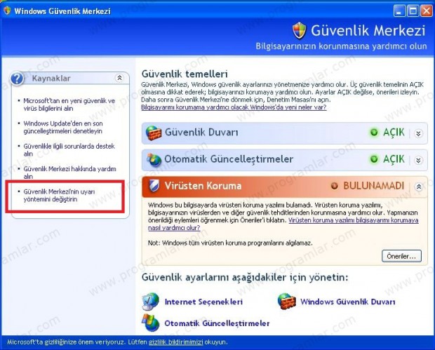 Windows XP  de güvenlik uyarılarını kapatmak