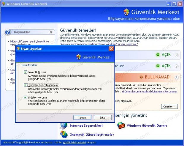 Windows XP  de güvenlik uyarılarını kapatmak