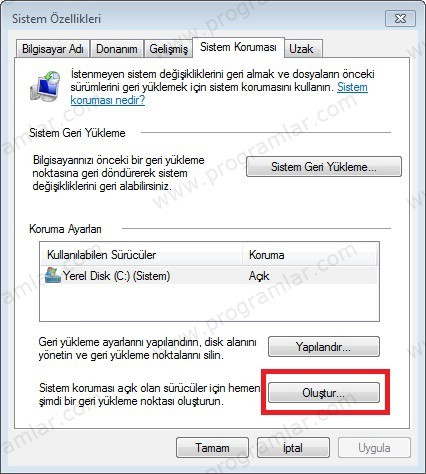 Windows 7  de geri yükleme noktası oluşturmak