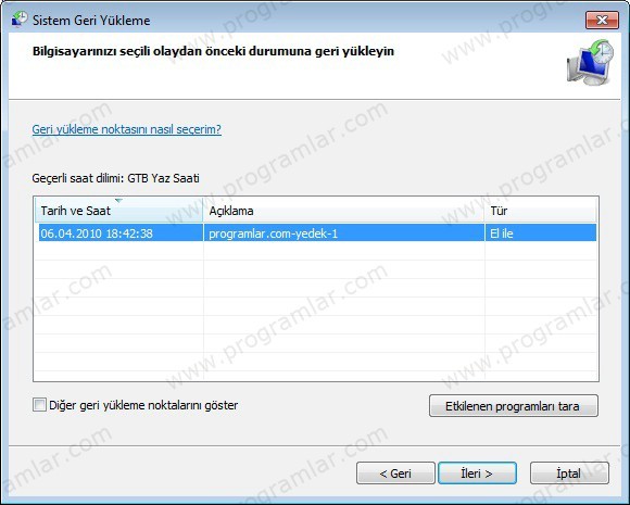 Windows 7  de geri yükleme noktası oluşturmak