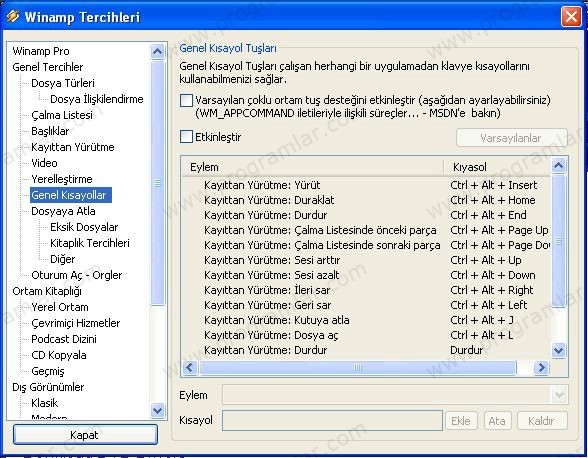 Winamp ı Multimedya Klavye tuşlarıyla kullanmak