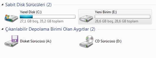 Windows 7\ de Sabit Diskinizi İkiye Bölmek