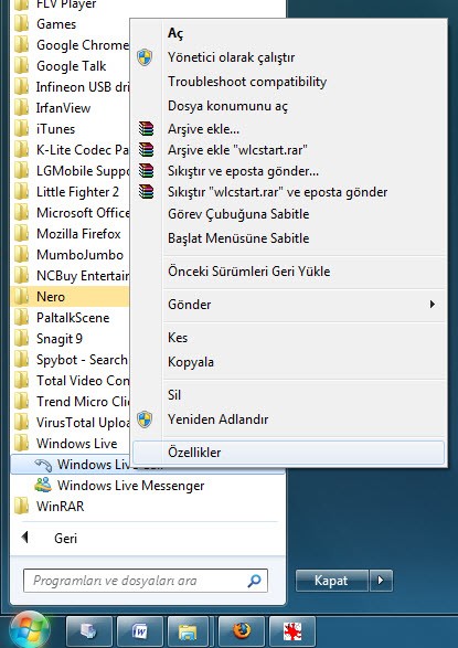 Windows 7 de Live Messenger simgesini  gizlemek