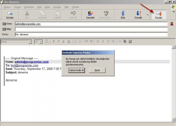 Outlook Express  de dijital imzalı e-postayı yanıtlamak