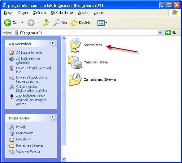 Paylaşım klasörüne ağ üzerinden erişim