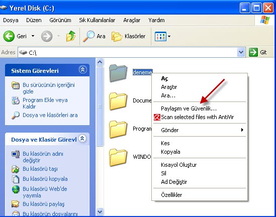 Windows XP de başka klasör paylaştırma