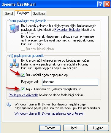 Windows XP de bir klasörü paylaşıma açmak