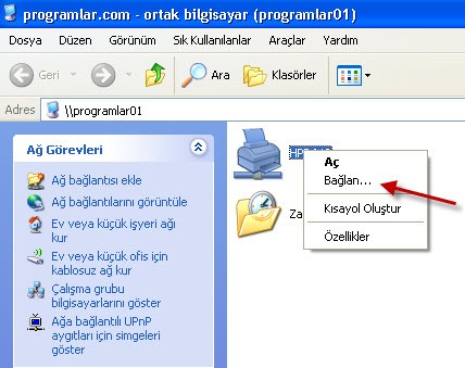 Windows XP de  paylaştırılmış yazıcıya bağlanma