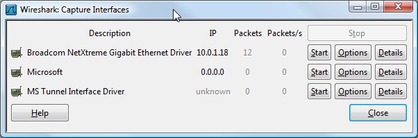 Wireshark capture interface ekranı