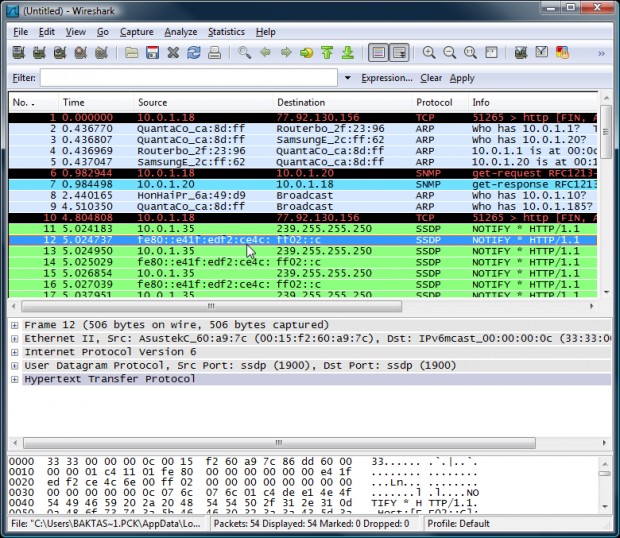 Wireshark trafik görüntüleme ekranı