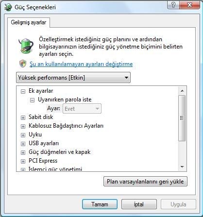 vista güc secenekleri