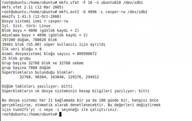 Ubuntu 8.10 mkfs işlemleri