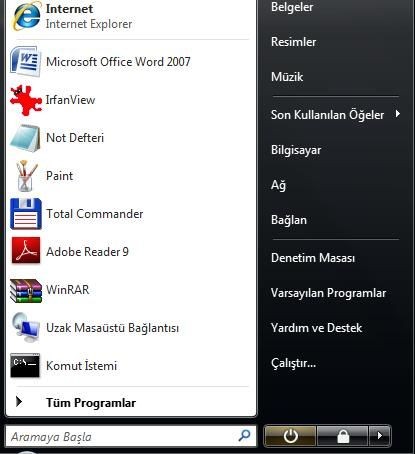 vista - başlat menüsü çalıştır