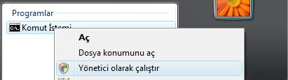 Vista - Komut istemi  yönetici olarak çalıştır