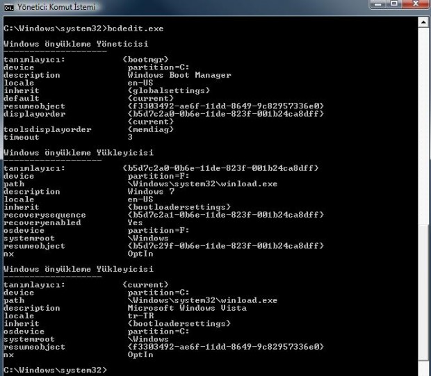 Windows Vista  bcdedit.exe çıktısı