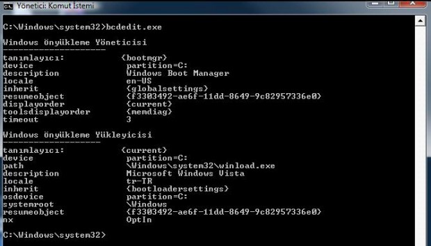 Windows Vista bcdedit doğrulama
